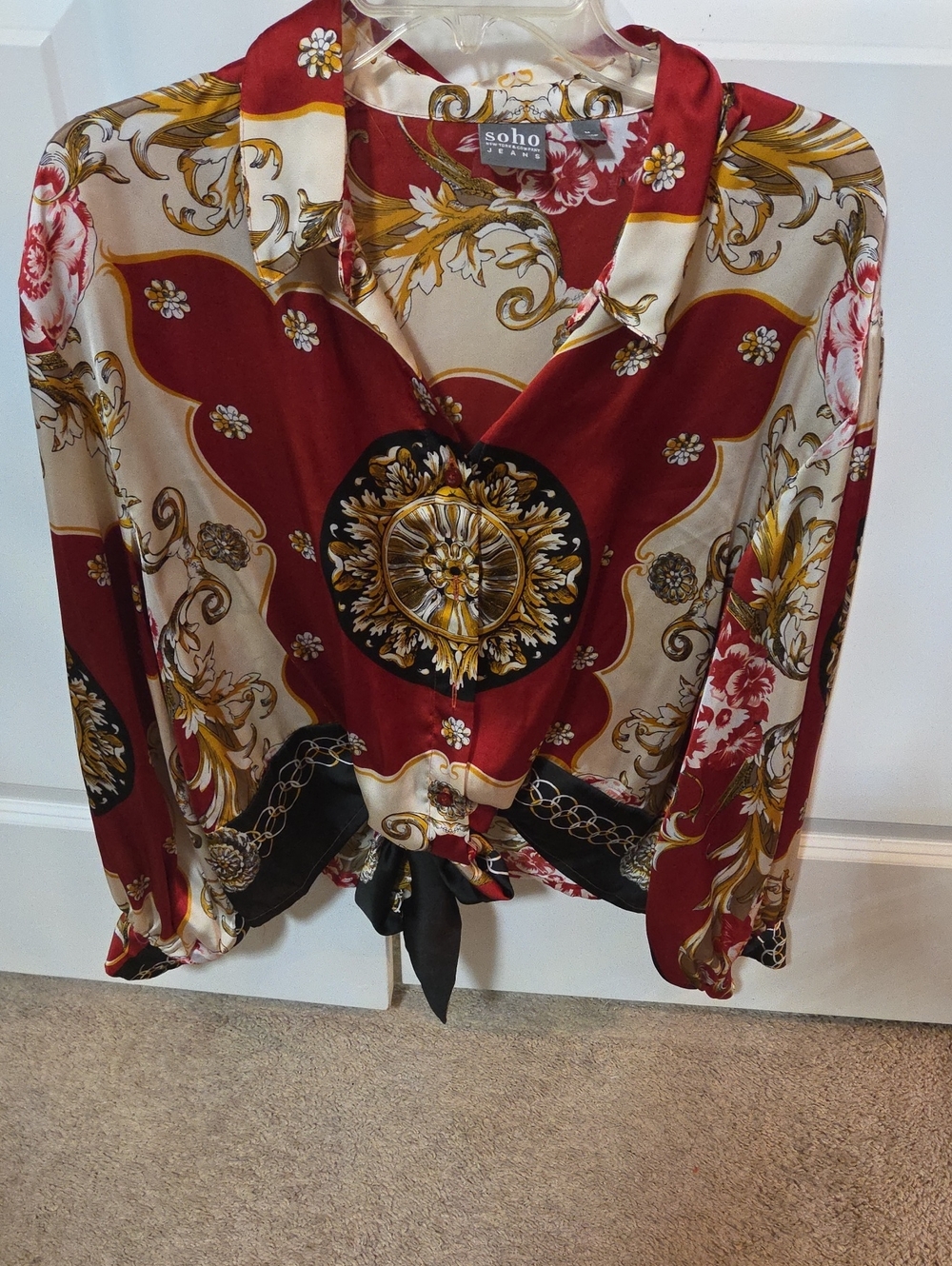 New York & Company Red, Gold and Black Baroque Satin Tie-Front Skirt